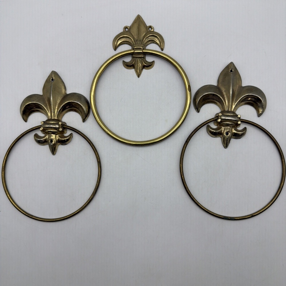 3- Brass fleur de lis Towel Holder Ring Wall Mounted Vtg